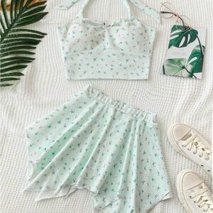 Floral Two-Piece skirt Set in Mint Green